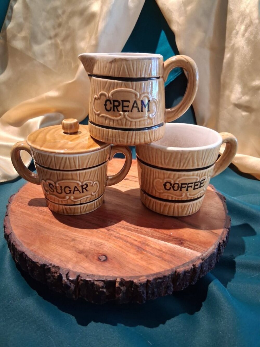Vintage Royal Sealy Japan Faux Wood Grain Creamer Sugar Bowl Coffee Mug Set